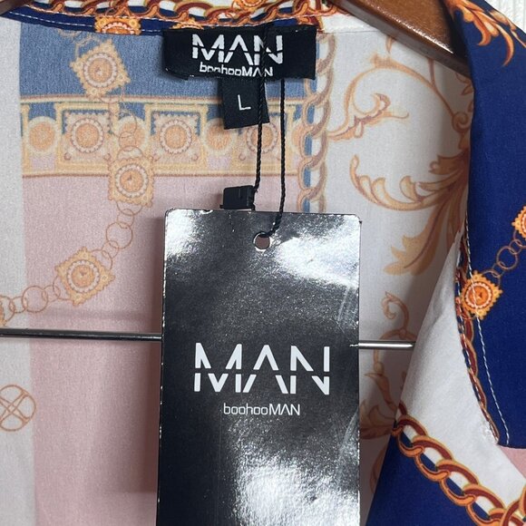 BoohooMAN Mens Large Gold Chain Pattern Button Up Short Sleeve NWT - Picture 3 of 9